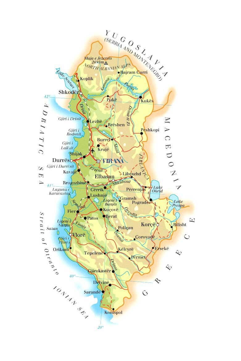 карта на физичка карта на Албанија